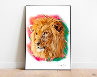 Leeuwenprint, schilderijprint, koning van de jungle, leeuwkunstprints, leeuwkunstwerken, dierenmuurkunst