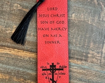 Orthodox Leather Bookmark – Jesus Prayer Bookmark – Handmade Christian Gift – Prayer Gift – Red Leather Cross