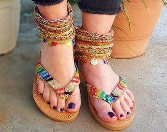 Summer Sales!! Handmade Greek leather Sandals,  Boho Sandals, Ethnic leather sandals, Artisanal sandals, Thong Sandals