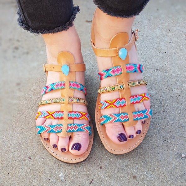 70% Summer Sales, Bohemian Greek Sandals, Ankle Strap Sandals "STAR SHINE''