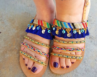 Summer Sales!!Bohemian Sandals, Strappy Hippie Sandals, Flat Summer sandals, Real Leather, Greek sandals, Straps Sandals, Evil eyes Shoes