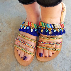 Summer Sales!!Bohemian Sandals, Strappy Hippie Sandals, Flat Summer sandals, Real Leather, Greek sandals, Straps Sandals, Evil eyes Shoes