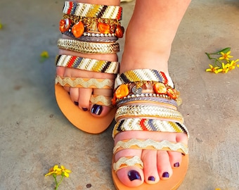 Summer Sales!!! Boho Chic collection, Handmade sandals in natural colours, Gold sandals