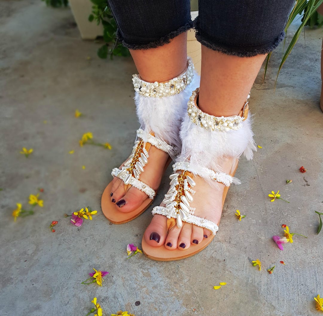 Bridal Flat Sandals, Beach Wedding Sandals, Boho White Sandals, Leather ...