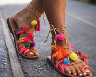 Summer Sales!! High Knee Gladiator Bohemian Pom Pom Sandals ,  Lace up Sandals / Tie up Sandals /Handmade Decorated Greek Leather Sandals