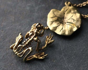 The Small Skeleton Frog with lotus leaf Necklace / Original made and designed by Defy. /Skeleton / Unique jewelry / Dark style accessories