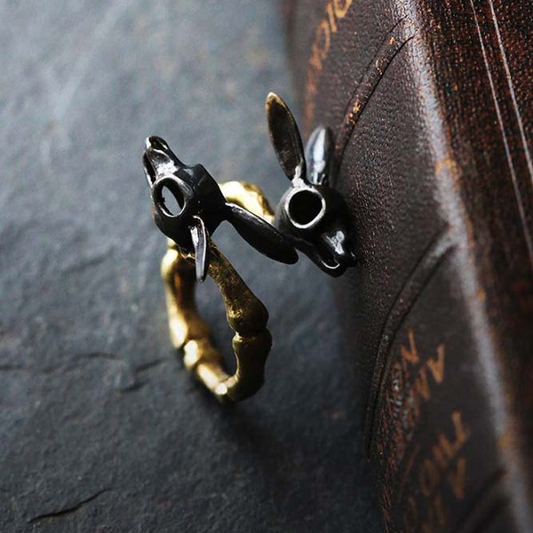 Rabbits Skull Ring - Black Version by Defy - Original Brass Handmade Jewelry - Statement Ring