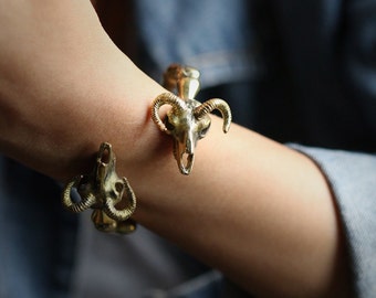 Goat Skulls Bangle by Defy ,Charm Goat Skull Bracelet,Skulls Jewelry,Brass Golden Handcuff