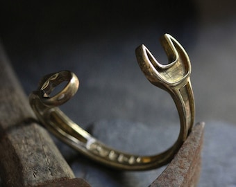 Wrench Cuff with Rock and Roll Stamp by Defy / Modern Cool Wrench Hand Cuff / Original Design Bracelet / Brass Metal Jewelry