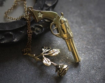 Gun and Rose Charm Necklace by Defy - Cool Statement Pendant Jewelry - Acccessories