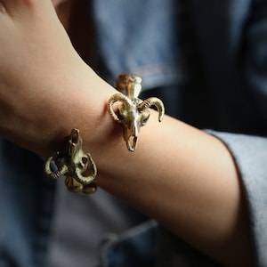 Goat Skulls Bangle by Defy ,Charm Goat Skull Bracelet,Skulls Jewelry,Brass Golden Handcuff