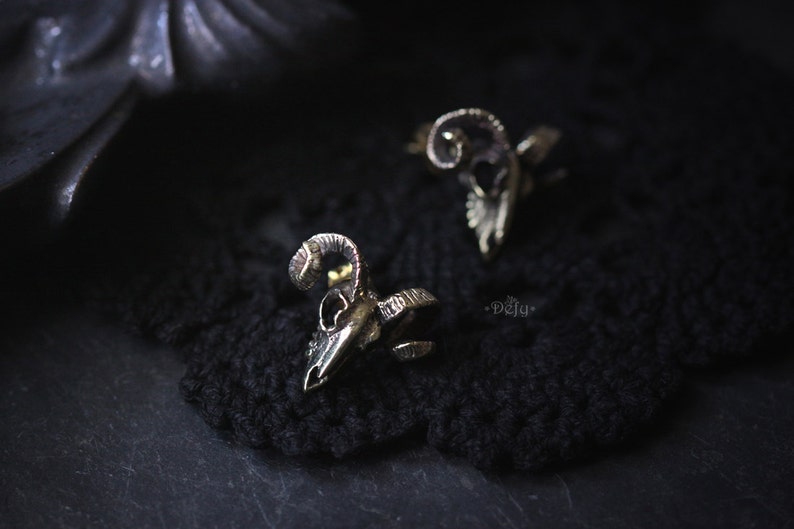 Goat Skull Stud Earrings By Defy / Goat Skeleton Jewelry / Metal Work Accessories image 4