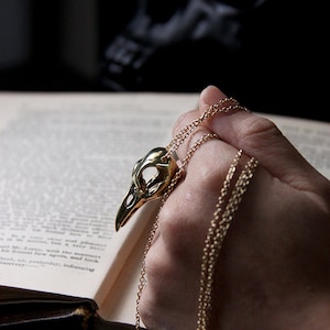 Raven Skull Necklace by Defy / Unisex Jewelry / Golden Crow Skull / Bird Charm Pendant