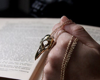 Collar de calavera de cuervo de Defy / Joyería unisex / Colgante de calavera de cuervo dorada / Dije de pájaro