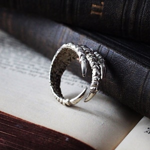 Op de afbeelding: Een zilveren ring met een gedetailleerd klauwontwerp. De ring ligt op een stapel oude boeken.