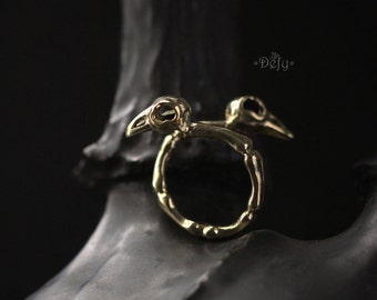 Two Ravens Skull Ring by Defy - Original Brass Handmade Jewelry - Statement Ring