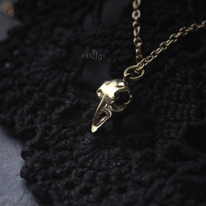 Small Golden Raven Skull Necklace by Defy / Unisex Jewelry / Cool Crow Skull Charm / Bird Skull Pendant