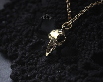 Small Golden Raven Skull Necklace by Defy / Unisex Jewelry / Cool Crow Skull Charm / Bird Skull Pendant