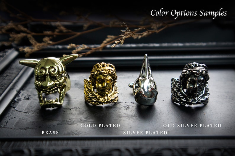 May include: Four rings with different finishes: brass, gold plated, silver plated, and old silver plated. Each ring features a unique design, including a demon face, a winged figure, a bird skull, and a lion head.