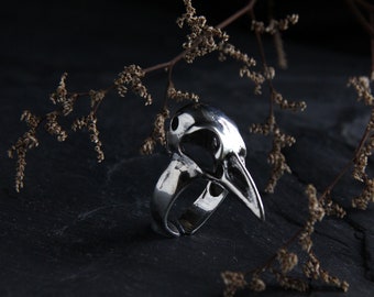 Sterling Silver. Raven Skull Ring by Defy / Bird Crow Skull Ring.