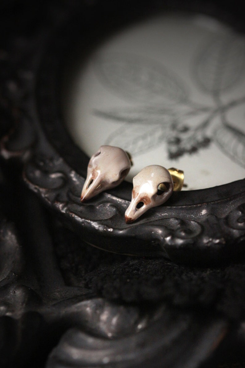 Puede incluir: Un par de peque&ntilde;os pendientes de calavera de p&aacute;jaro de cer&aacute;mica blanca con postes dorados. Los pendientes se muestran sobre un fondo negro.