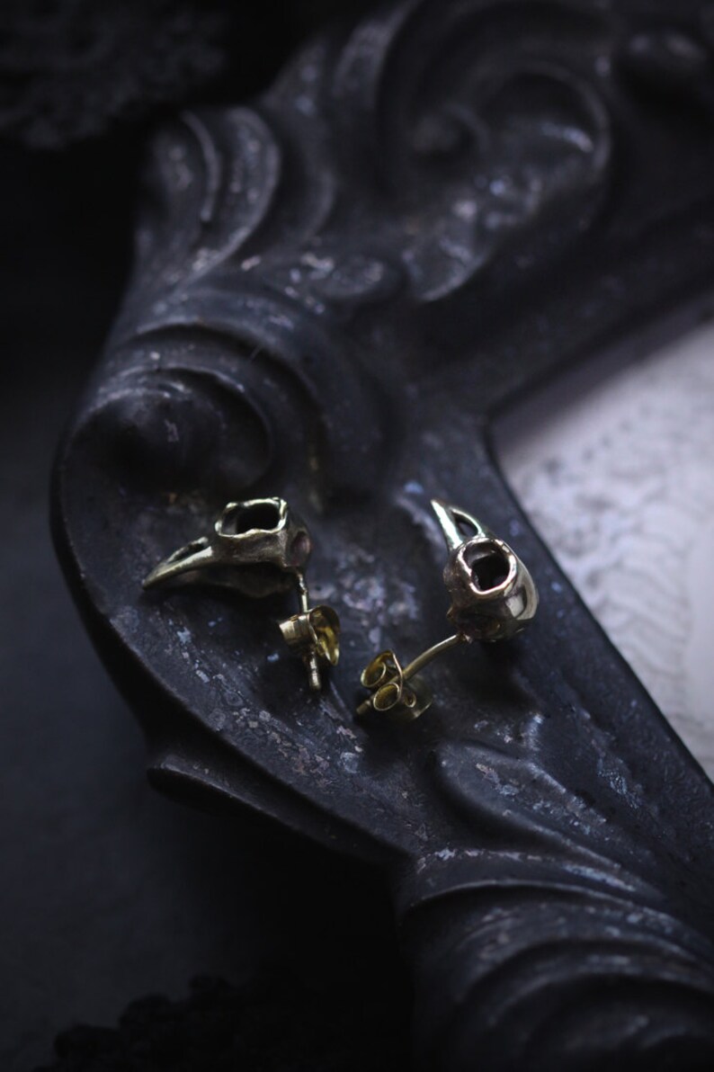 May include: A pair of silver bird skull earrings with gold posts. The earrings are on a dark, textured surface.