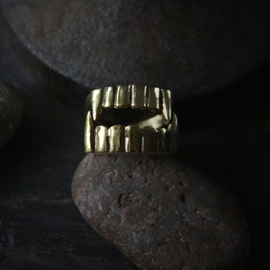 May include: A gold-colored ring with a detailed design of a set of fangs. The ring is sitting on a dark gray surface.