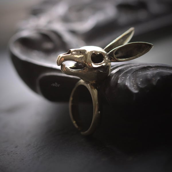 Rabbit Skull Ring by Defy / Handmade Adjustable Jewelry / Bunny Skeleton Brass Metal Rings