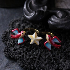 The Swallows and Star Double finger ring - with handcraft painted the surface. / Brass Silver and Gold plated / Only at DEFY