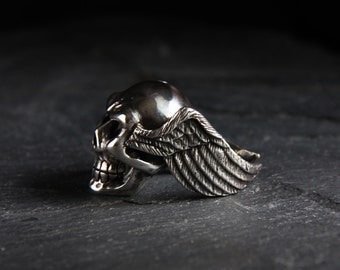 Sterling Silver Skull with Bird Wings Ring Original by Defy / Handmade Jewelry