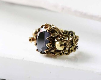 The skull with Black crystal ring V.2 /Adjustable size/Gold and Silver color/Dark style / Only at DEFY JEWELRY/ Special gifts/ Unique skull.
