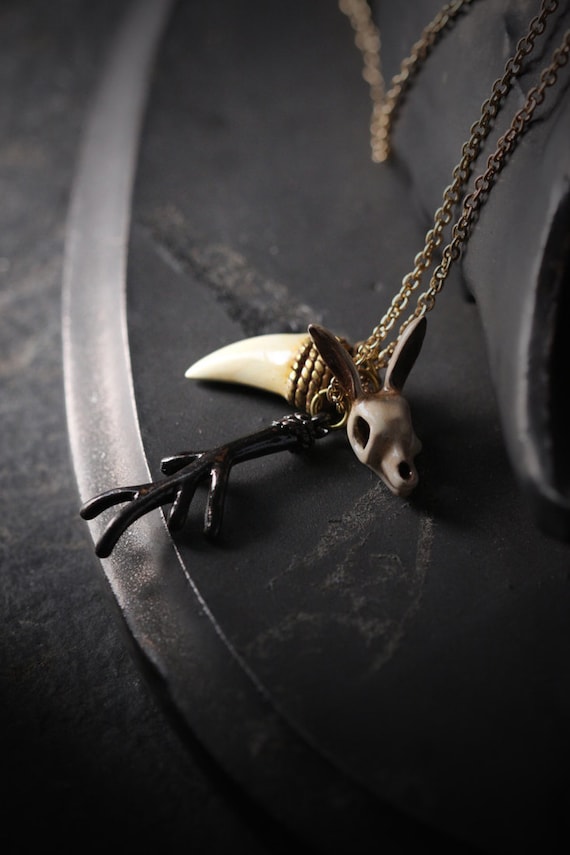 Rabbit Skull , Antler and Tiger Fang Charm Necklace by Defy