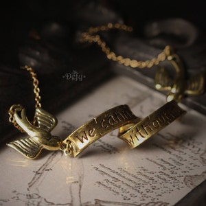 Swallows with Aristotle Quote &quot;We can not learn without pain&quot; Ribbon Charm Necklace by Defy - Original Handmade Jewelry