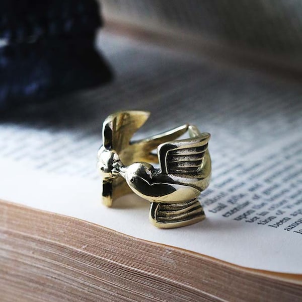 The Swallows Kiss ring  by Defy - Brass,Gold and Silver color / adjustable size / Unique Dark style. /Unisex ring /special gifts