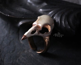 Bird Skull Ring - Handcraft Painted Version by Defy - Raven Skull Ring - Statement Ring Adjustable Size
