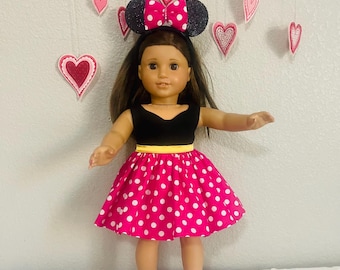 American girl doll Minnie Mouse outfit,doll pink Minnie Mouse dress and ears,doll valentines outfit,doll Disney ears,18” doll dress