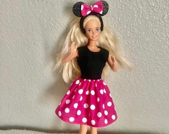 Barbie Minnie Mouse inspired outfit,Barbie pink  dots skirt,Barbie Disney style ears, Barbie outfit