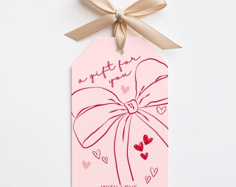 Valentine's Day Red Bow Editable Gift Tag with Pink Background