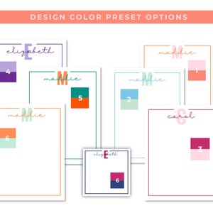 May include: A selection of personalised design templates with colour preset options. Each template features a name, initial, and colour block. The text "DESIGN COLOR PRESET OPTIONS" is at the top. The colour schemes include shades of purple, teal, orange, pink, and blue.
