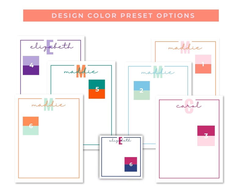 May include: A selection of personalised design templates with colour preset options. Each template features a name, initial, and colour block. The text "DESIGN COLOR PRESET OPTIONS" is at the top. The colour schemes include shades of purple, teal, orange, pink, and blue.