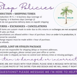 May include: Shop policies document detailing production, shipping, returns, exchanges, and cancellation information. Features a logo with a palm tree and the text "Royal Palm Cartiere". Includes contact information.