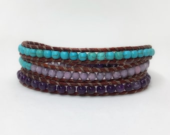 Gemstone Wrap Bracelet, Boho Bracelet, Beaded Leather Wrap Bracelet, Turquoise Bracelet, Handcrafted Jewelry, Amethyst Bracelet