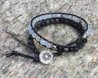 Boho Wrap Bracelet Black Onyx Bracelet Beaded Leather Wrap Bracelet Bracelet Black and White Bracelet Agate Bracelet Gift for Him