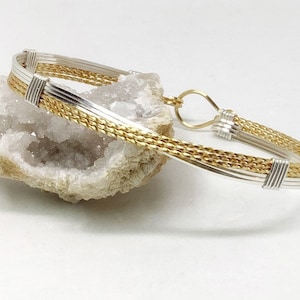 Gold and Silver Criss Cross Wire Wrapped Bracelet  Two Tone Minimalist Bracelet