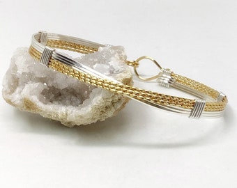 Gold and Silver Criss Cross Wire Wrapped Bracelet  Two Tone Minimalist Bracelet