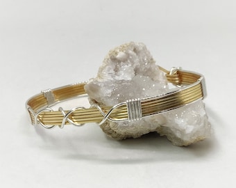 Gold and Silver Three Kisses Wire Bracelet   Minimalist Wire Two Tone Bracelet
