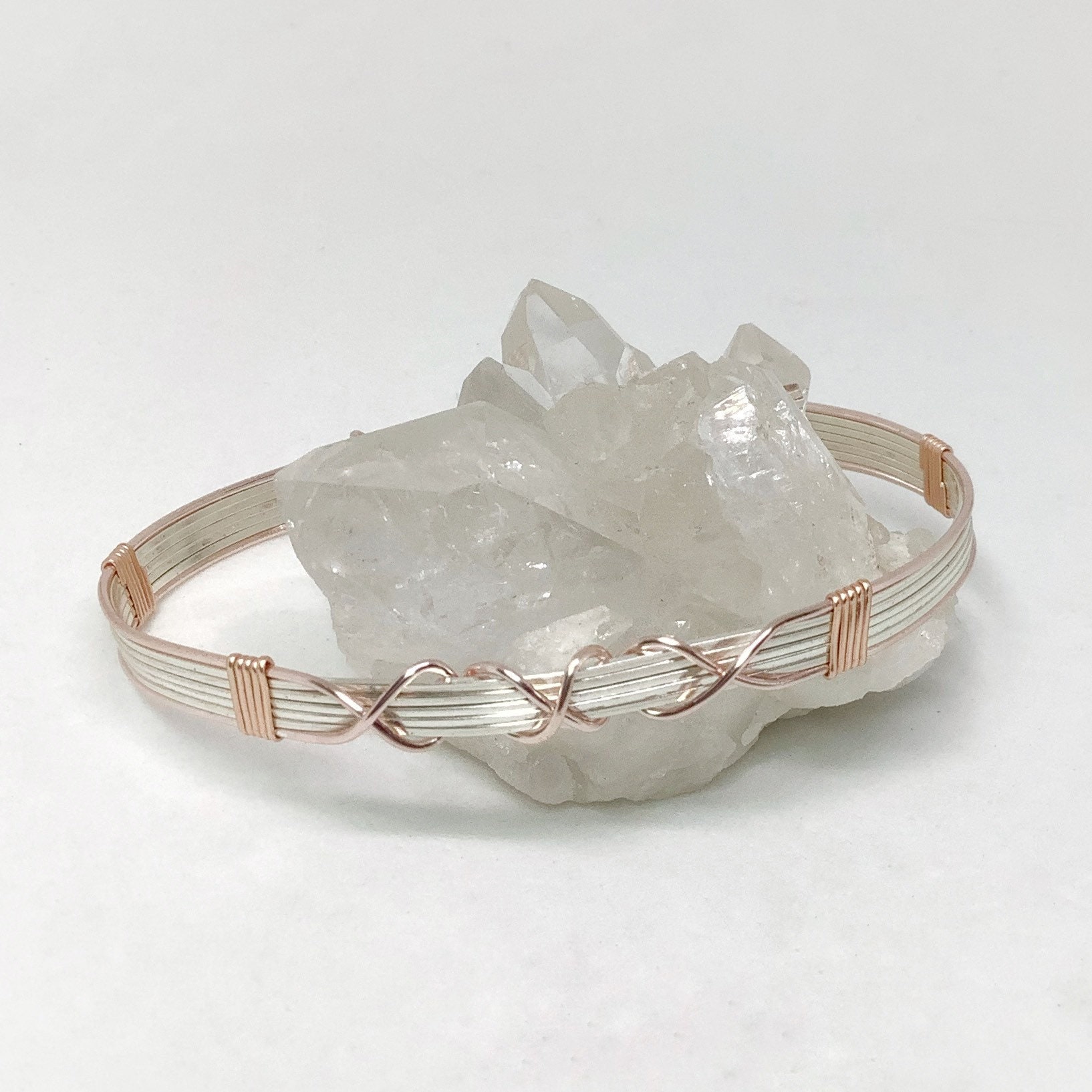 Silver and Rose Gold Wire Bracelet Three Kisses Bracelet
