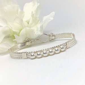 Crystal Pearl and Silver Wire Bracelet  60th Birthday Gift