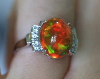 3.9ct World Class Neon Orange Full Color Mexican Fire Opal Platinum Diamond Ring