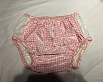 Waterproof pink gingham/white plastic pants (26-44)